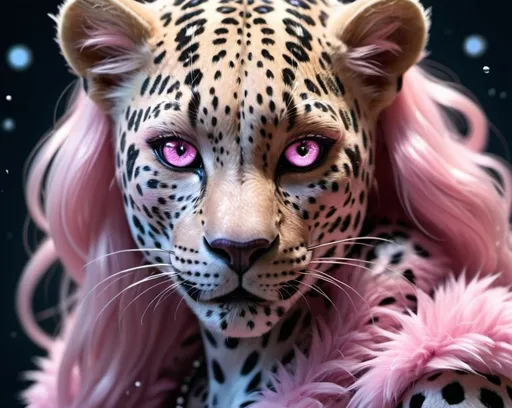 Prompt: anthro furry leopard female woman (pearly iridescent  fur) (pink eyes) (water element) starry and mystical being , UHD, 4k,intricately detailed, deep colors, high contrast (UHD, 4k,intricately detailed, deep colors, high contrast)