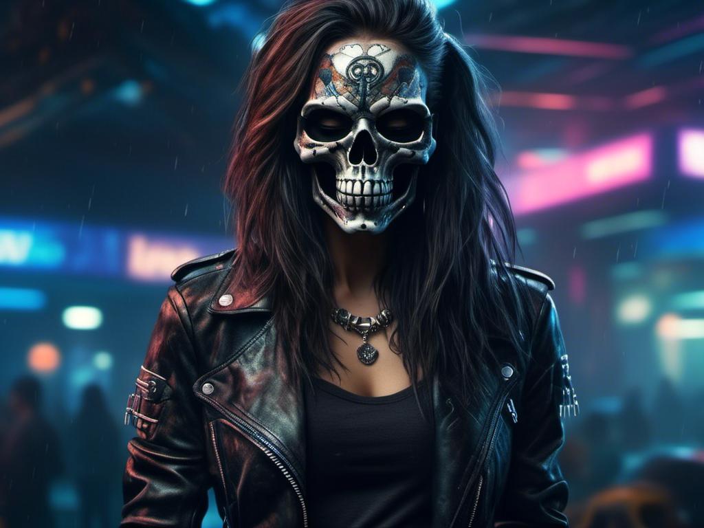 Prompt: <mymodel>  cyberpunk woman in skull mask in leather jacket, long hair, punk, warrior, biker,  Halloween themed (UHD, intricate details, deep colors, 4k)