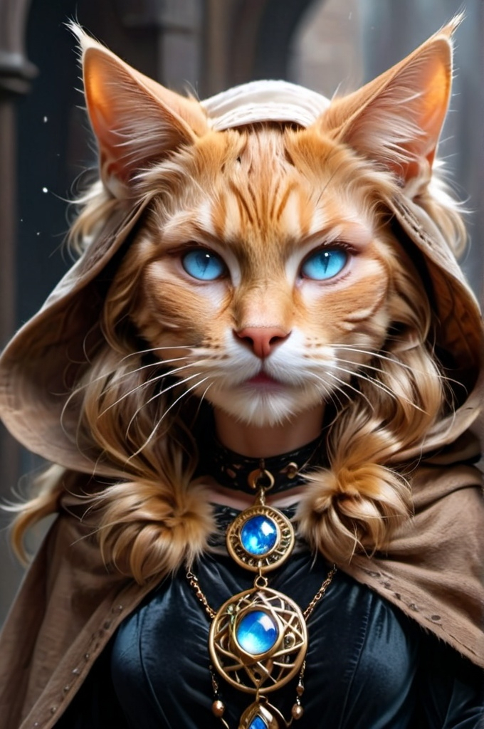 Prompt: magical cat woman (hazelnut brown fur) (blue eyes) wearing a choker, cloak (air element) mystical being , UHD, 4k,intricately detailed, deep colors, high contrast