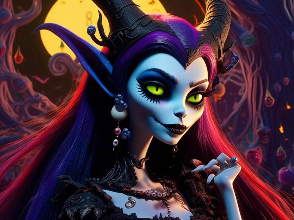 Prompt: <mymodel> malificent  (nightmare before Christmas art style) .UHD, 4k,intricately detailed, deep colors, high contrast (UHD, 4k,intricately detailed, deep colors, high contrast)