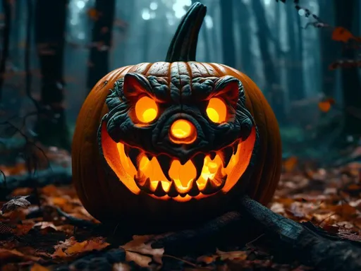 Prompt: <mymodel> jack o' lantern in forest.  (UHD, 4k,intricately detailed, deep colors, high contrast)