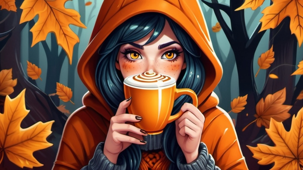 Prompt: witch with pumpkin spice latte and falls leaves, cozy sweater, in hood ,cartoon, illustration (UHD, 4k,intricately detailed, deep colors, high contrast)