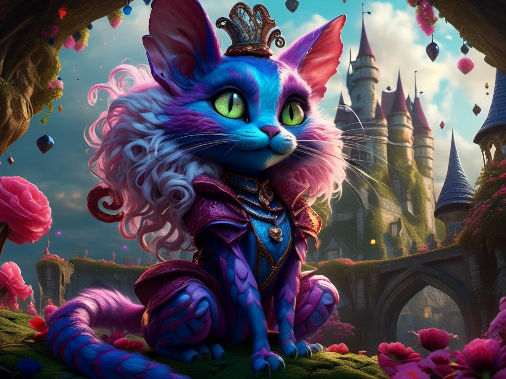 Prompt: <mymodel> Cheshire in castle (Alice in Wonderland art style) .UHD, 4k,intricately detailed, deep colors, high contrast (UHD, 4k,intricately detailed, deep colors, high contrast)