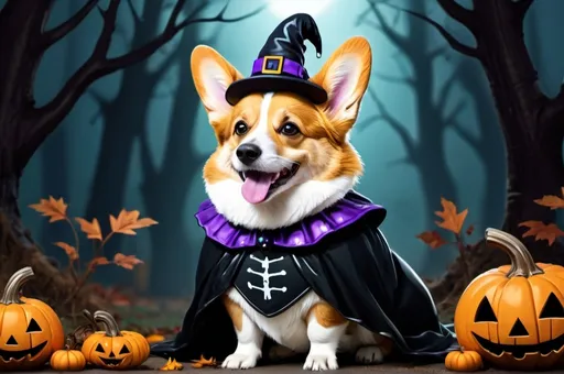 Prompt: cartoon, illustration, corgi in halloween costume happy,  spooky forest fantasy, whimsical, gothic.mythical  UHD, 4k,intricately detailed, deep colors, high contrast (UHD, 4k,intricately detailed, deep colors, high contrast)