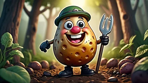 Prompt: Happy potato adventurer cartoon, illustration (UHD, 4k,intricately detailed, deep colors, high contrast)