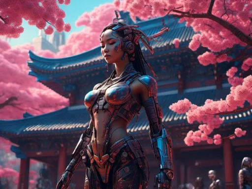 Prompt: <mymodel> neon, cyborg, cyberpunk, temple, cherry blossoms, and doves(UHD, intricate details, deep colors, 4k)