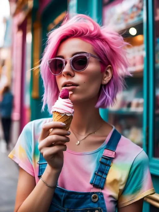 Prompt: <mymodel> icecream woman and pink hair in icecream store