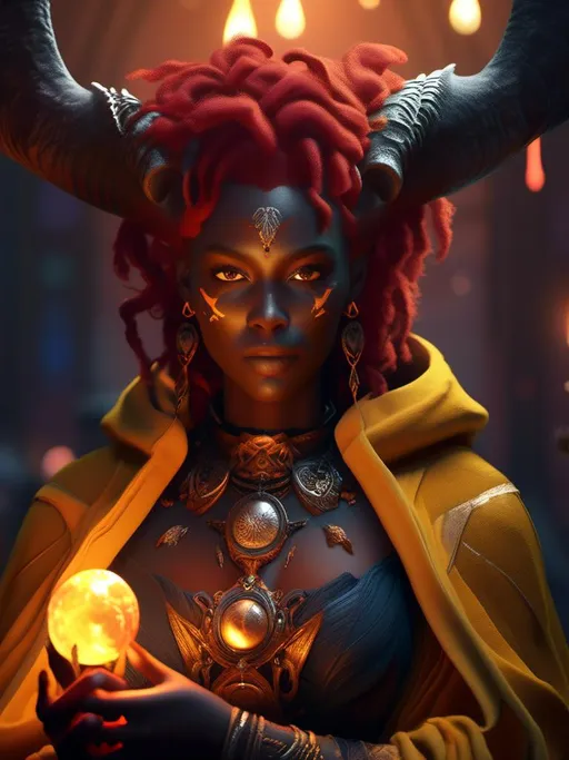 Prompt: <mymodel>Tiefling woman, black skin, yellow eyes, large horns, red hair, in cloak, with golden choker, mage, with orb of fire in her hand (medieval) (dungeons and dragons style) , UHD, 4k,intricately detailed, deep colors, high contrast (UHD, 4k,intricately detailed, deep colors, high contrast)