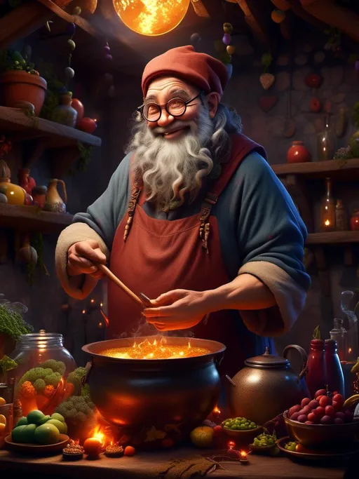 Prompt: <mymodel>heavy set man middle aged man wizard with pot belly cooking potions, wearing glasses, jolly smile. in chef's clothing  (medieval) (dungeons and dragons style) , UHD, 4k,intricately detailed, deep colors, high contrast (UHD, 4k,intricately detailed, deep colors, high contrast)