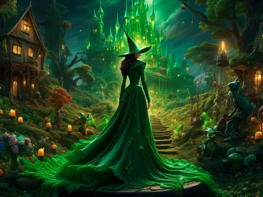 Prompt: <mymodel>   wicked witch in emerald castle (wizard of oz art style) .UHD, 4k,intricately detailed, deep colors, high contrast (UHD, 4k,intricately detailed, deep colors, high contrast)