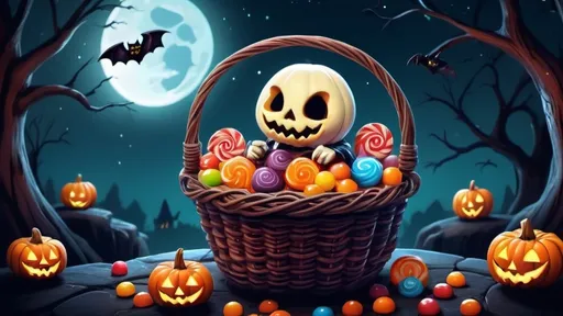 Prompt: spooky, halloween, character with lots of candy over flowing in basket, on a full moon night fantasy, cute, colorful, and whimsical, cartoon, illustration (UHD, 4k,intricately detailed, deep colors, high contrast)