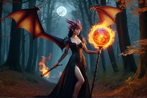 Prompt: dragoness with giant staff with flaming orb, on widing path in forest autumn  windy  and  night  fantasy, whimsical, gothic.mythical UHD, 4k,intricately detailed, deep colors, high contrast (UHD, 4k,intricately detailed, deep colors, high contrast)