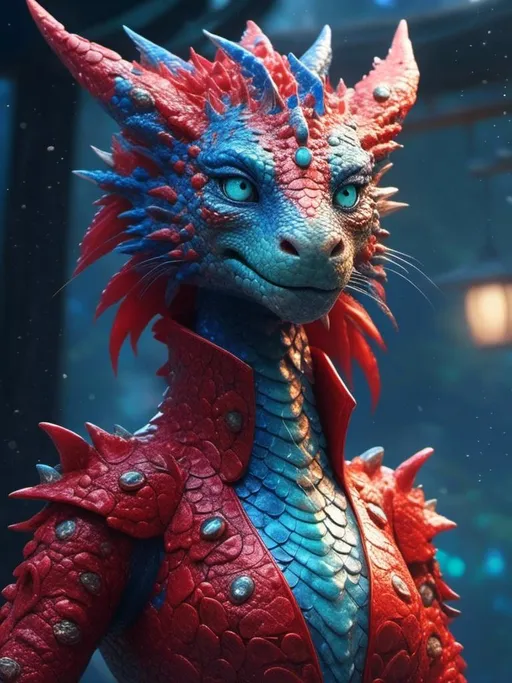 Prompt: <mymodel> anthro dragon lizard female (red) (scales) (blue eyes) (humaniod) majestic being , UHD, 4k,intricately detailed, deep colors, high contrast (UHD, 4k,intricately detailed, deep colors, high contrast)