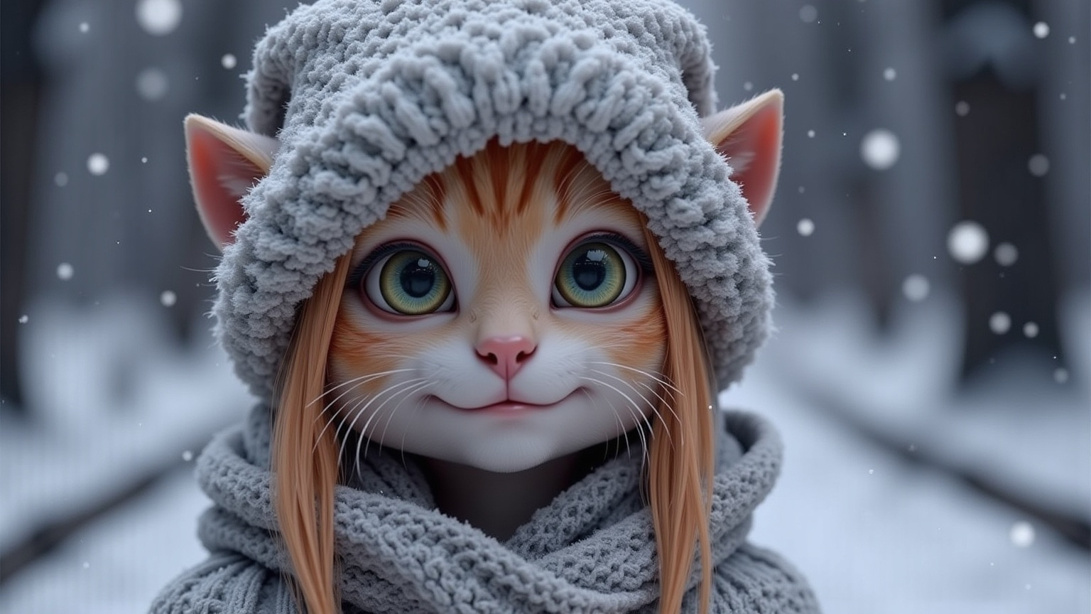 Prompt: a cat with a hat and scarf on in the snow with a scarf around its neck and a cat's head, Chris LaBrooy, furry art, cgstudio, an ambient occlusion render