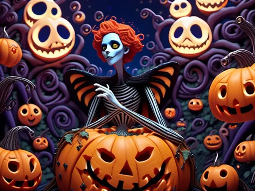 Prompt: <mymodel> pumpkin king nightmare before Christmas (Tim Burton art style) .UHD, 4k,intricately detailed, deep colors, high contrast (UHD, 4k,intricately detailed, deep colors, high contrast)
