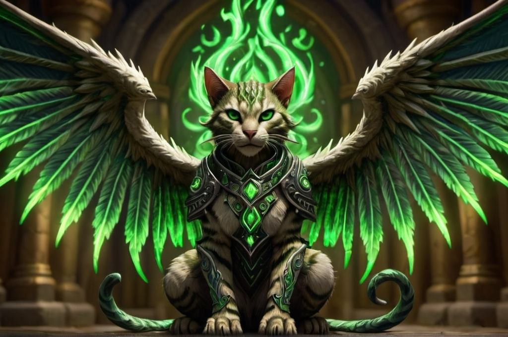 Prompt: medieval, khajiit rogue, green flames spiraling from filigree wings. wings spanned,  (world of warcraft theme) UHD, 4k,intricately detailed, deep colors, high contrast (UHD, 4k,intricately detailed, deep colors, high contrast)