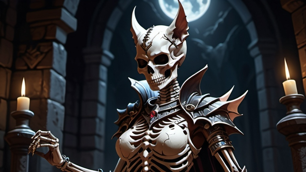 Prompt: skeleton bat anthro female queen, warrior, elegant armor in dark tomb, moonlit, dungeons and dragons art style (UHD, 4k,intricately detailed, deep colors, high contrast)