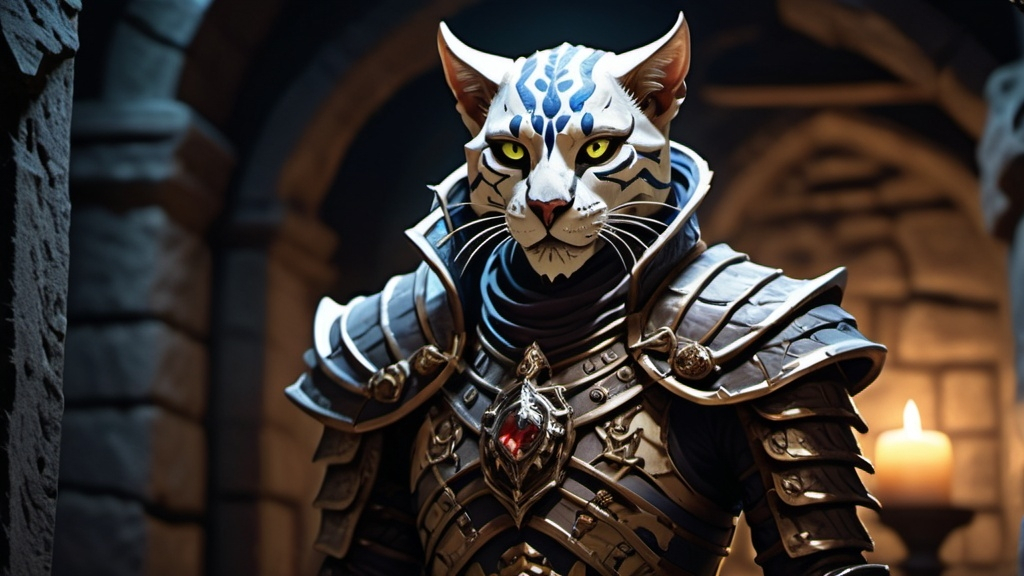 Prompt: skeleton khajiit  anthro male king, warrior, elegant armor in dark tomb, moonlit, dungeons and dragons art style (UHD, 4k,intricately detailed, deep colors, high contrast)