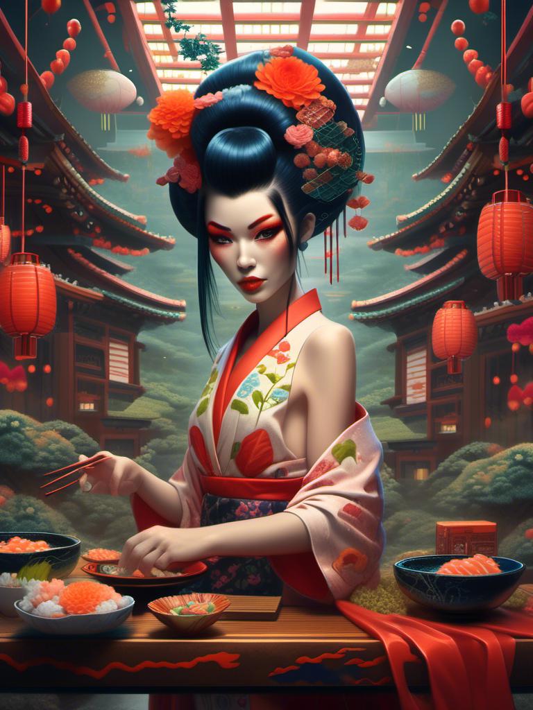 Prompt: <mymodel> woman, geisha, in sushi bar, science-fiction, pulp style