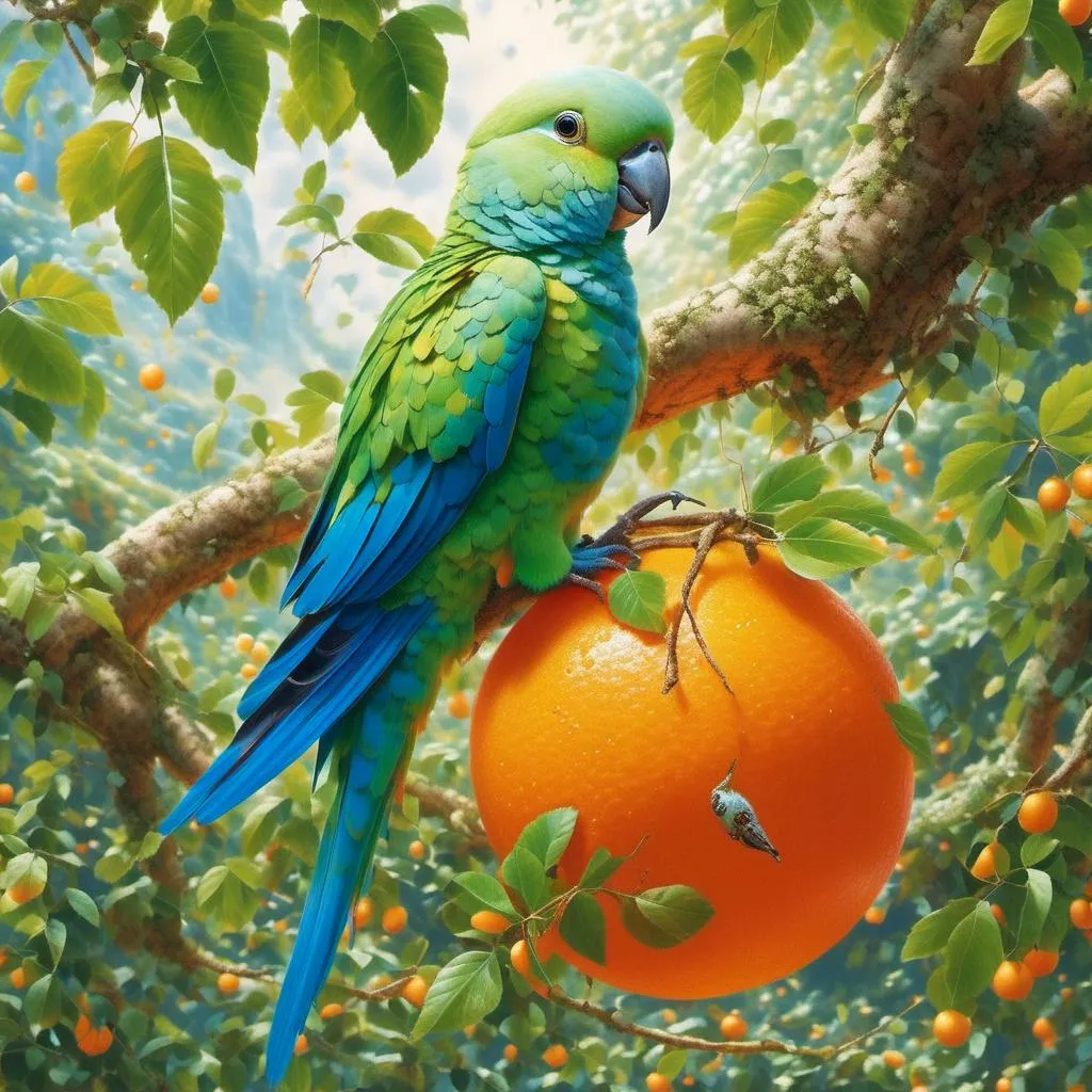 Prompt: <mymodel> blue quaker parrot eating orange