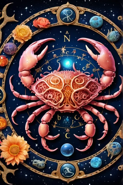 Prompt: Cancer ,Zodiac art mystical and whimsical (UHD, 4k,intricately detailed, deep colors, high contrast)