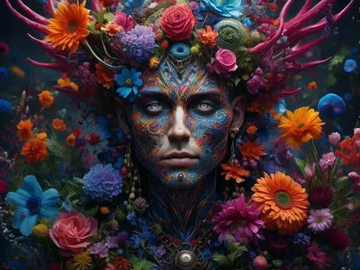 Prompt: <mymodel> , flower man, mythical, piercings  .UHD, 4k,intricately detailed, deep colors, high contrast (UHD, 4k,intricately detailed, deep colors, high contrast)