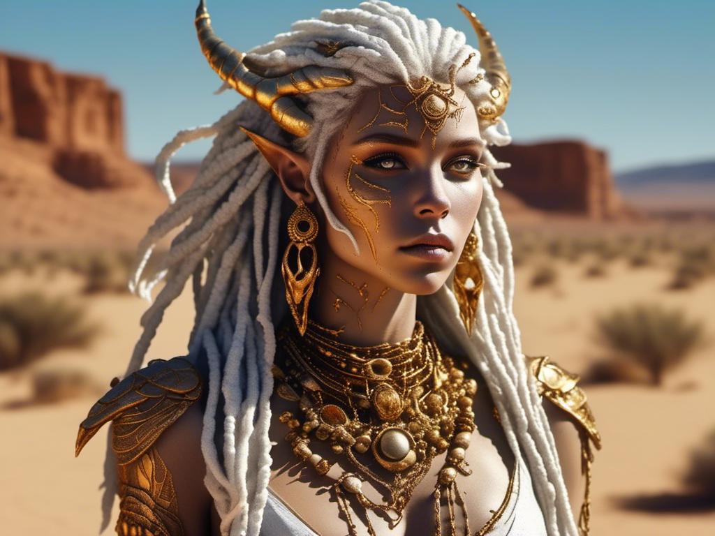 Prompt: <mymodel> alien woman with skin dreads, white skin, earlobes stretched with gold ear guages, gold chest plate, crouch on a stone brick in the desert 