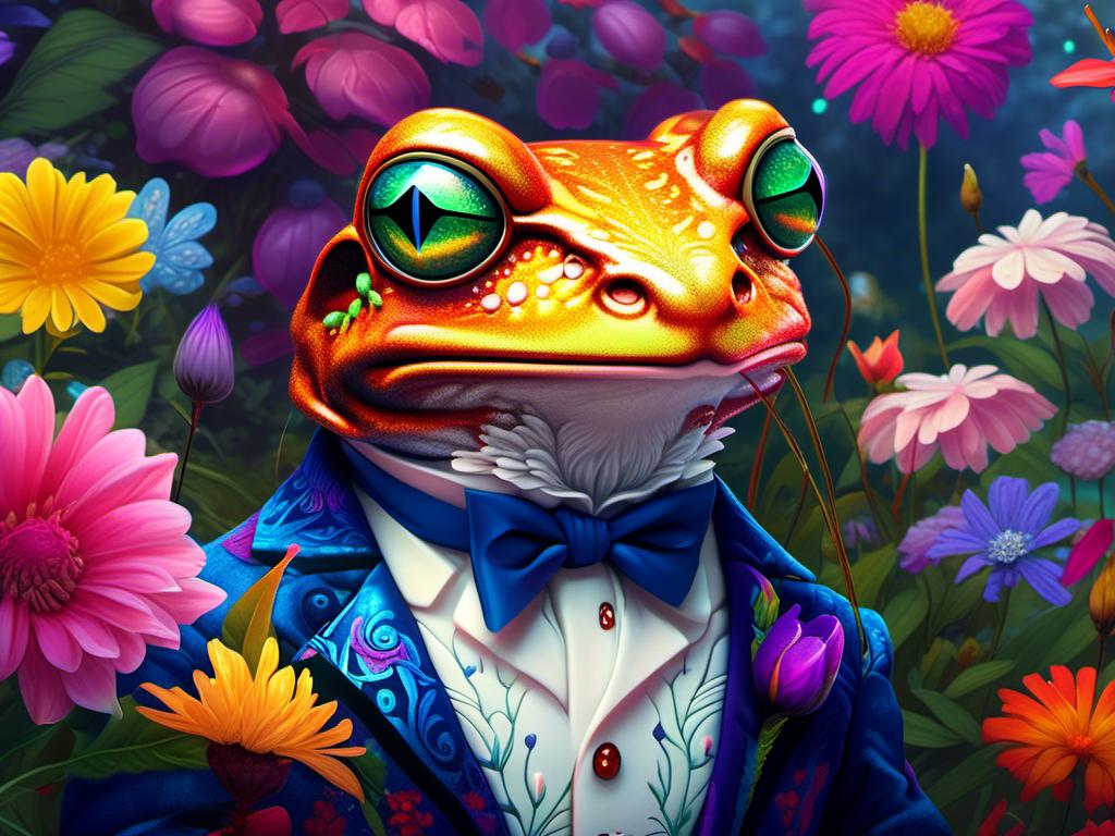 Prompt: <mymodel> frog in tuxedo in flower garden (Alice in Wonderland art style) .UHD, 4k,intricately detailed, deep colors, high contrast (UHD, 4k,intricately detailed, deep colors, high contrast)