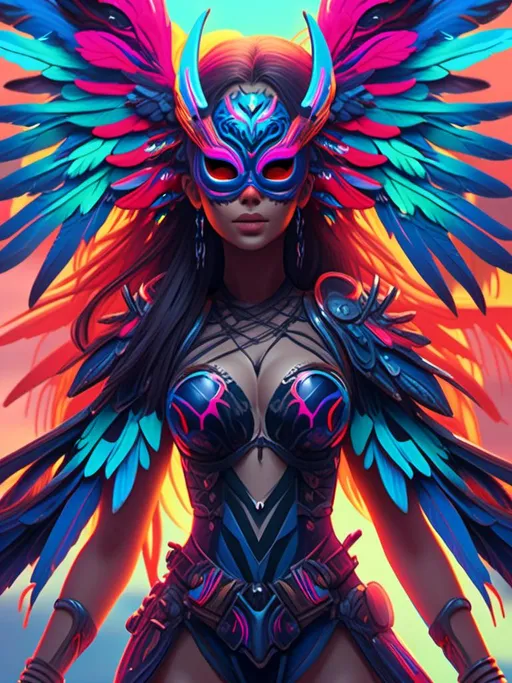 Prompt: <mymodel> neon colors oni mask woman dancing  long hair, in army uniform Chiroptera wings.UHD, 4k,intricately detailed, deep colors, high contrast (UHD, 4k,intricately detailed, deep colors, high contrast)