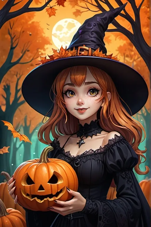 Prompt: cartoon,anime girl, witch with pumpkin spice, happy, floating, sparkly, spooky forest fantasy, whimsical, gothic.mythical  UHD, 4k,intricately detailed, deep colors, high contrast (UHD, 4k,intricately detailed, deep colors, high contrast)