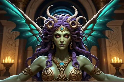 Prompt: medusa in greek palace from Chiroptera wings. wings spanned,  (world of warcraft theme) UHD, 4k,intricately detailed, deep colors, high contrast (UHD, 4k,intricately detailed, deep colors, high contrast)