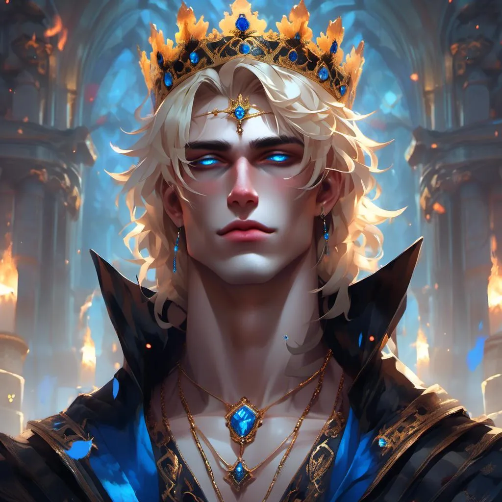 Prompt: <mymodel>vampire man with bright blue  eyes, black lips, blonde hair, Renaissance clothes with crown. In tomb 