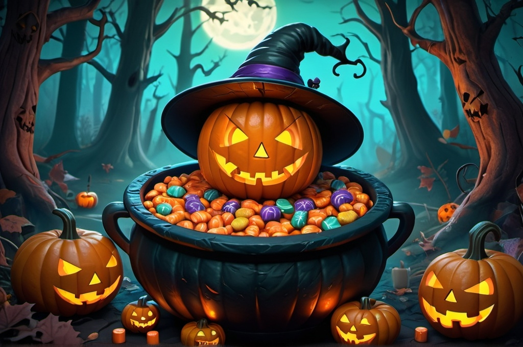 Prompt: cartoon, illustration, jack o' lantern with halloween candy relaxed, in cauldron spooky forest fantasy, whimsical, gothic.mythical  UHD, 4k,intricately detailed, deep colors, high contrast (UHD, 4k,intricately detailed, deep colors, high contrast)