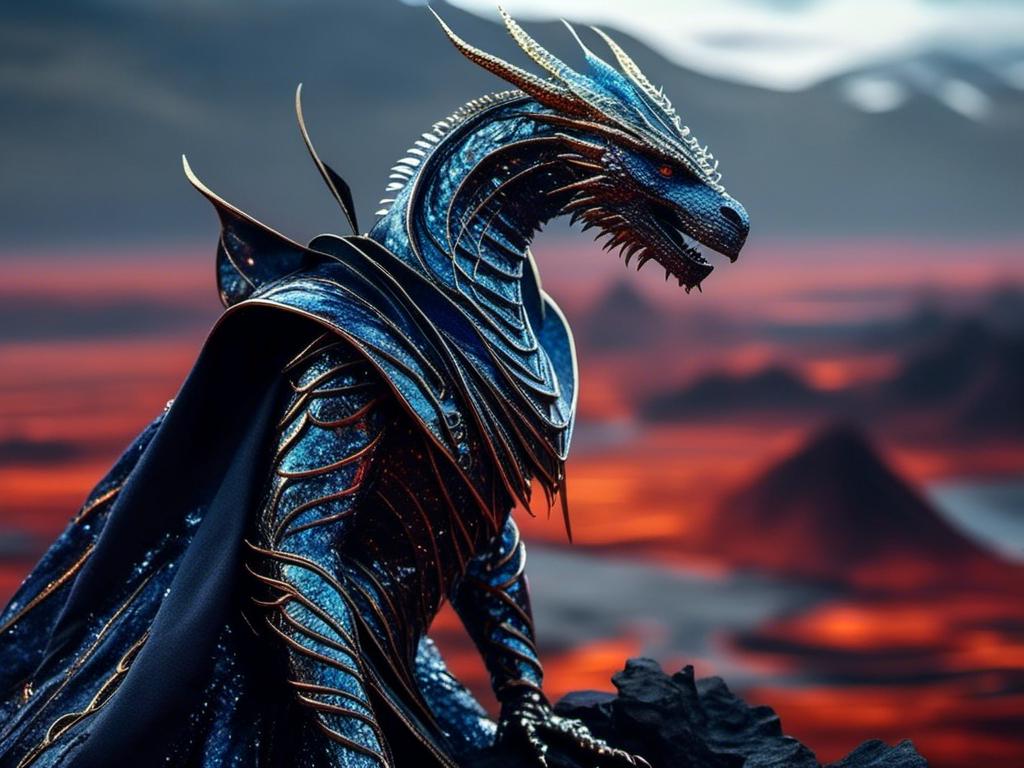 Prompt: <mymodel> dragon, elegant, irridecent metallic, in hooded cloak, in volcanic landscape  (UHD, 4k,intricately detailed, deep color, high contrast)