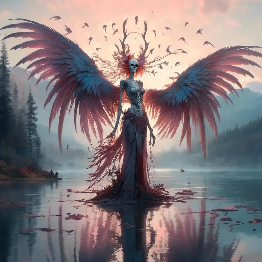 Prompt: <mymodel> skeleton bird woman with huge wings in lake