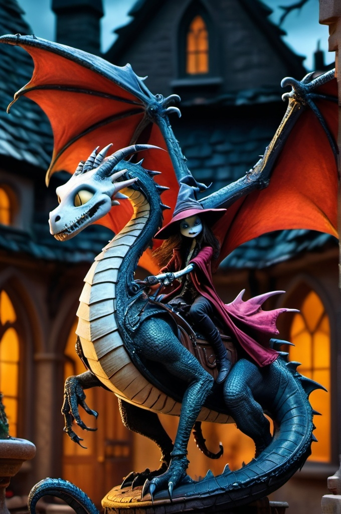 Prompt: mage riding dragon in courtyard fantasy, whimsical, gothic.mythical (nightmare before christmas art style) UHD, 4k,intricately detailed, deep colors, high contrast (UHD, 4k,intricately detailed, deep colors, high contrast)