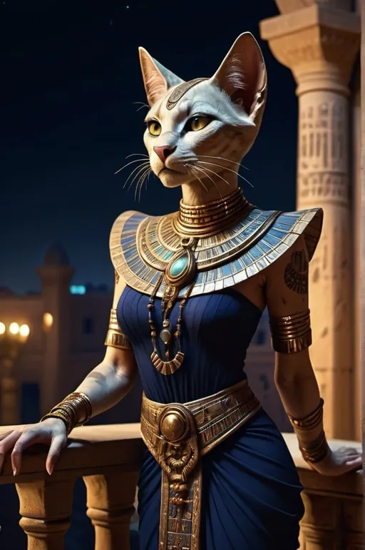 Prompt: khajiit female, ancient egypt in palace, at night, in egyptian dress, standing on balcony  fantasy, whimsical, gothic.mythical UHD, 4k,intricately detailed, deep colors, high contrast (UHD, 4k,intricately detailed, deep colors, high contrast)