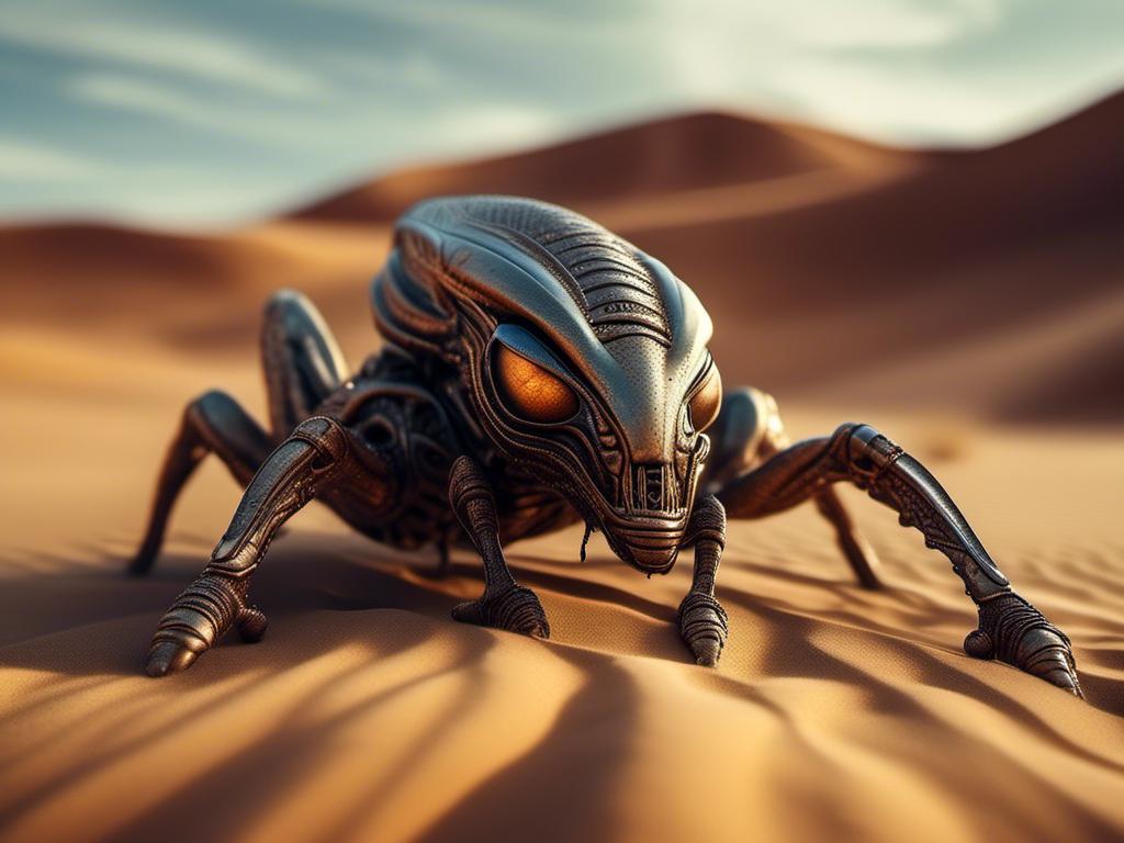 Prompt: <mymodel> insect Humaniod alien in desert sands  (UHD, 4k,intricately detailed, deep color, high contrast)