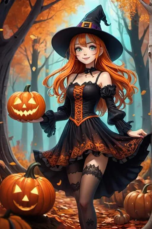 Prompt: cartoon,anime girl, witch with pumpkin spice, happy, floating, sparkly, spooky forest fantasy, whimsical, gothic.mythical  UHD, 4k,intricately detailed, deep colors, high contrast (UHD, 4k,intricately detailed, deep colors, high contrast)