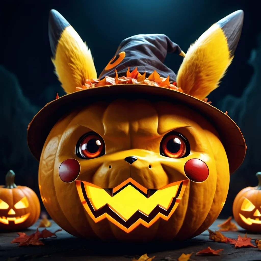 Prompt: Pikachu as a jack o' lantern (pokemon),(Halloween), cartoon, illustration,  fantasy, UHD, 4k,intricately detailed, deep colors, high contrast (UHD, 4k,intricately detailed, deep colors, high contrast)