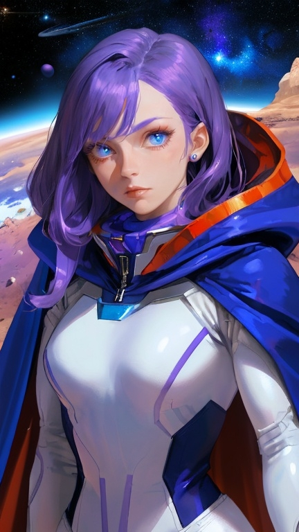 Prompt:  space ranger woman with purple hair, blue eyes, cape, and white, blue and orange space suit on mars