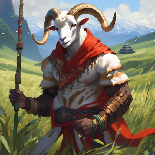 Prompt: <mymodel>furry anthro goat man in monk fighter clothes and hood in grassland temple