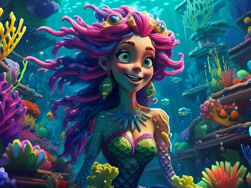 Prompt: <mymodel> mermaid swimming underwater (Spongebob SquarePants art style) .UHD, 4k,intricately detailed, deep colors, high contrast (UHD, 4k,intricately detailed, deep colors, high contrast)