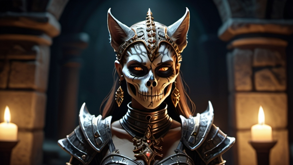 Prompt: skeleton khajiit female queen, warrior, elegant armor in dark tomb, moonlit, dungeons and dragons art style (UHD, 4k,intricately detailed, deep colors, high contrast)