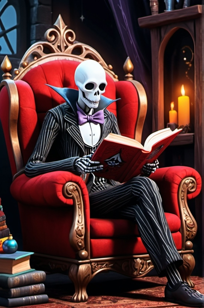 Prompt: wizard in cozy big chair reading book fantasy, whimsical, gothic.mythical (nightmare before christmas art style) UHD, 4k,intricately detailed, deep colors, high contrast (UHD, 4k,intricately detailed, deep colors, high contrast)