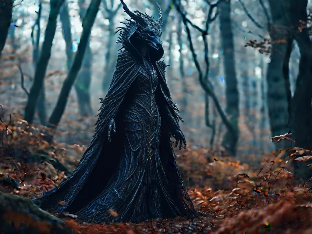 Prompt: <mymodel> skeletal dragon woman being in cloak, in spooky forest  (UHD, 4k,intricately detailed, deep color, high contrast)