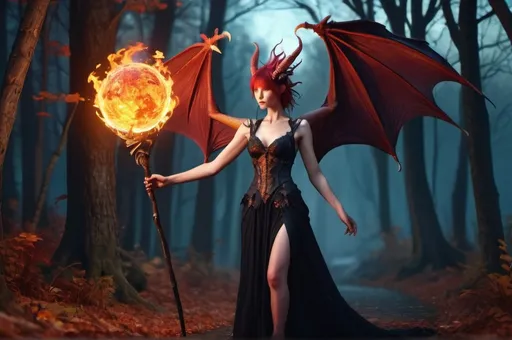 Prompt: dragoness with giant staff with flaming orb, on widing path in forest autumn  windy  and  night  fantasy, whimsical, gothic.mythical UHD, 4k,intricately detailed, deep colors, high contrast (UHD, 4k,intricately detailed, deep colors, high contrast)