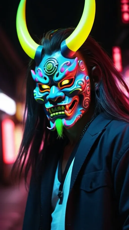 Prompt: <mymodel> neon colors Japanese oni mask man dancing  long hair,  night time cyber punk .UHD, 4k,intricately detailed, deep colors, high contrast (UHD, 4k,intricately detailed, deep colors, high contrast)