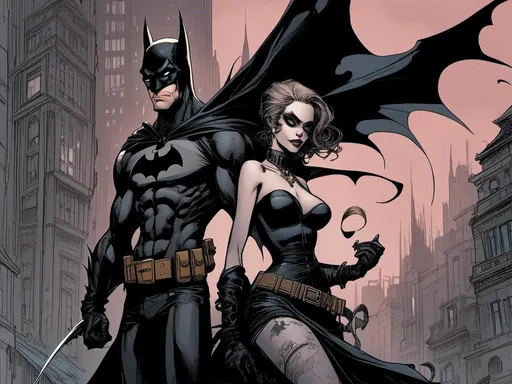 Prompt: <mymodel> cat woman and batman, in Gotham city, detailed, dark colors, dramatic, graphic novel illustration,  2d shaded retro comic book