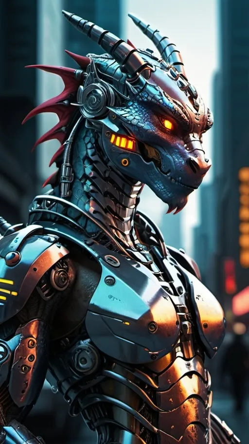 Prompt: Cyborg, dragon, anthro, metalic, in cyberpunk city .UHD, 4k,intricately detailed, deep colors, high contrast (UHD, 4k,intricately detailed, deep colors, high contrast)